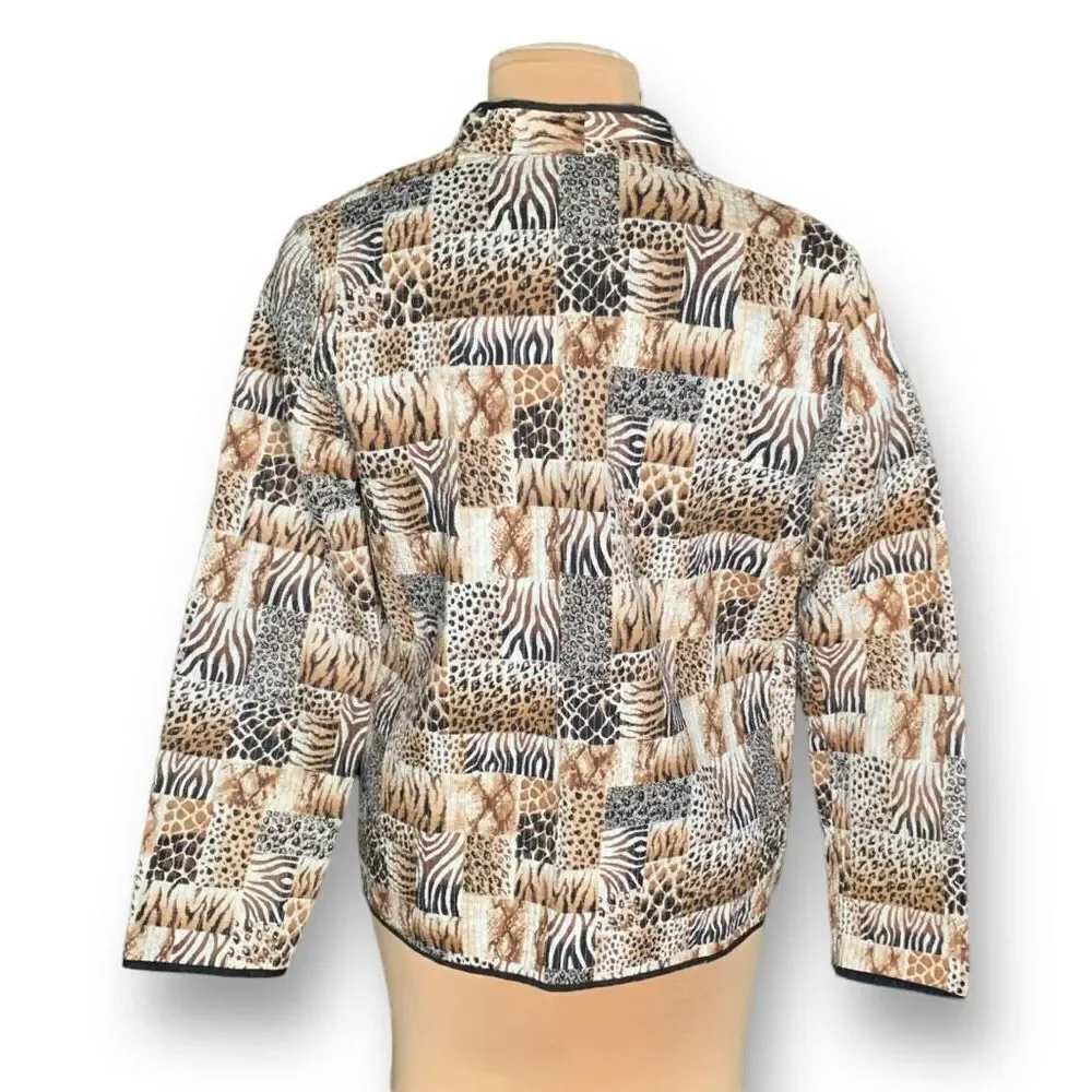 Vintage‎ 90s Collarless Blazer Jacket Ecru Patchwork Quilted Zebra Animal Print
